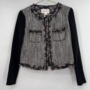 BCBGeneration Tweed Knit Sleeve Jacket Blazer S Black White Floral Trim